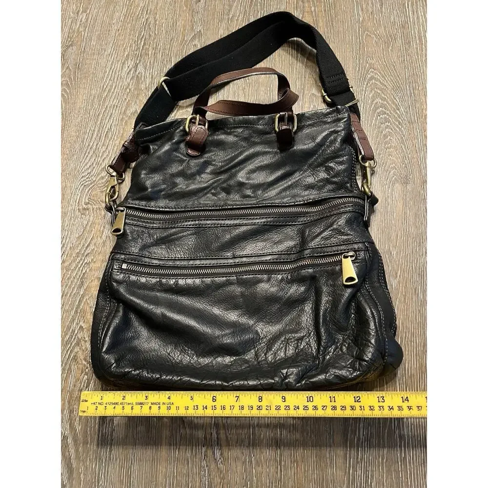 Vintage Fossil Explorer Black Leather Foldover Satchel Crossbody‎ Bag